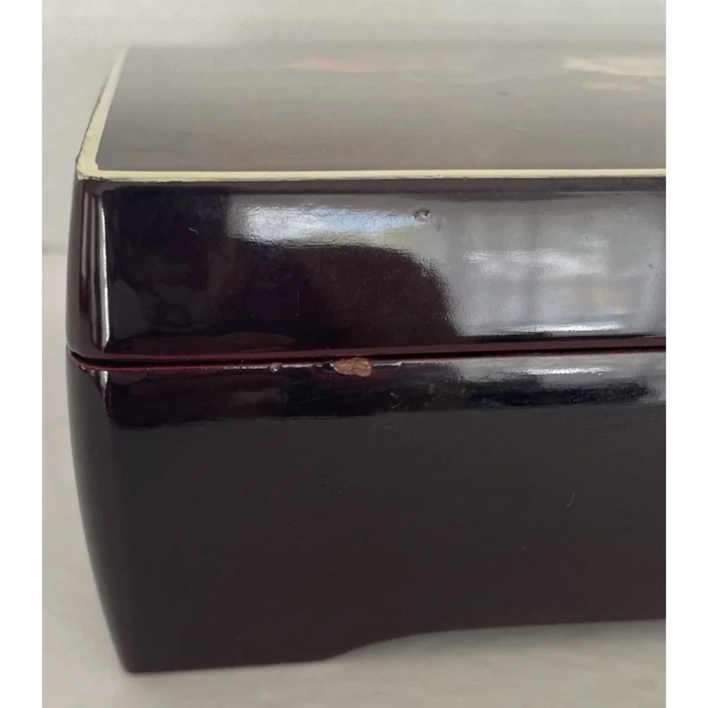 VTG Kimco Japan Wooden Jewelry Box Floral Inlay Gold Velvet Lining Mirror